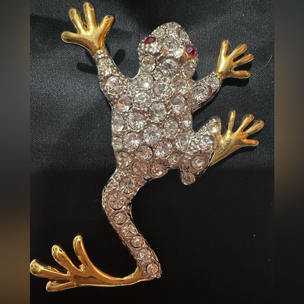Vintage Climbing FROG Silver & Gold Tone Rhinestones Large Statement BROOCH